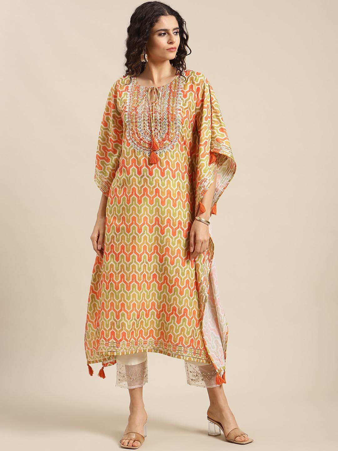 varanga women orange ethnic motifs printed flared sleeves kurta