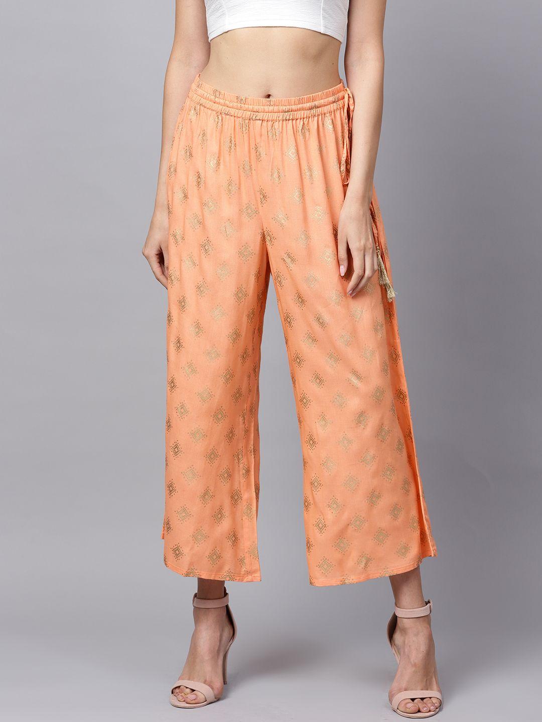 varanga women peach-coloured & golden straight foil print palazzos