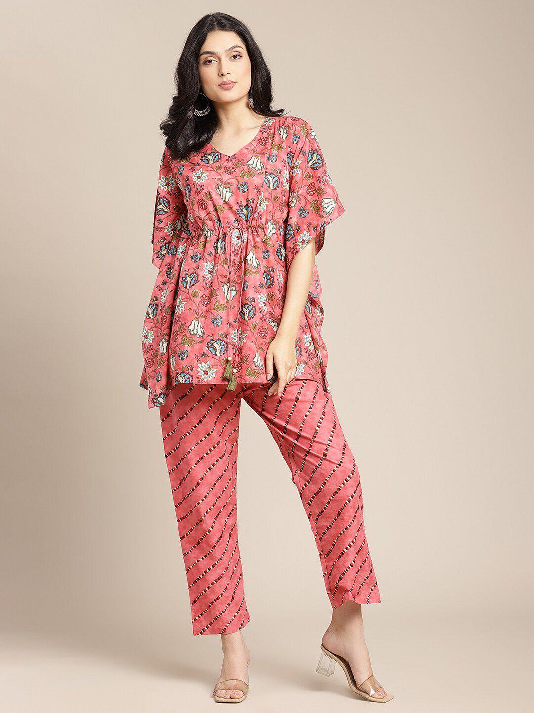 varanga women peach-coloured & green printed pure cotton kaftan with trousers