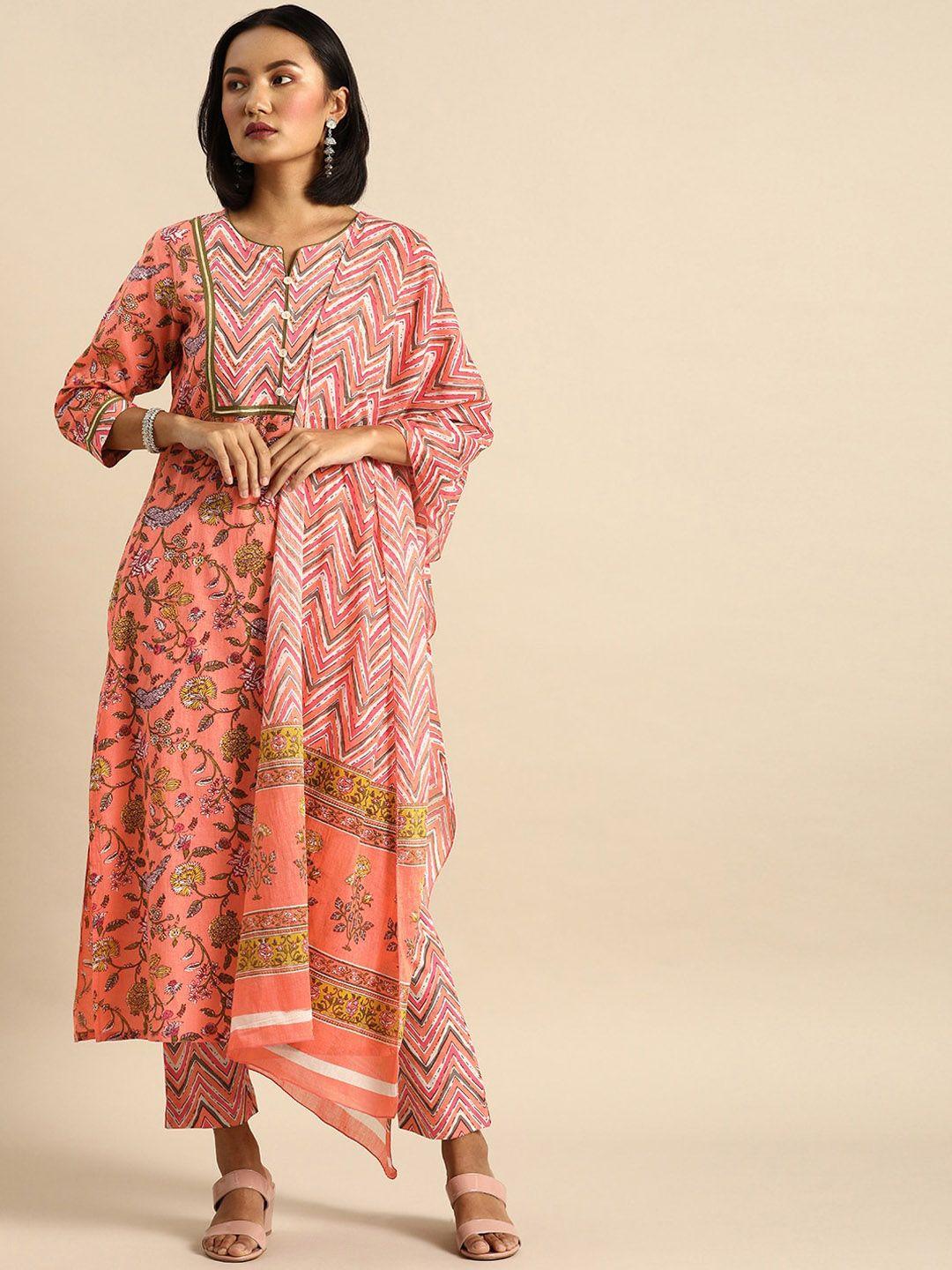 varanga women peach-coloured & pink ethnic motifs printed pure cotton kurta set & dupatta
