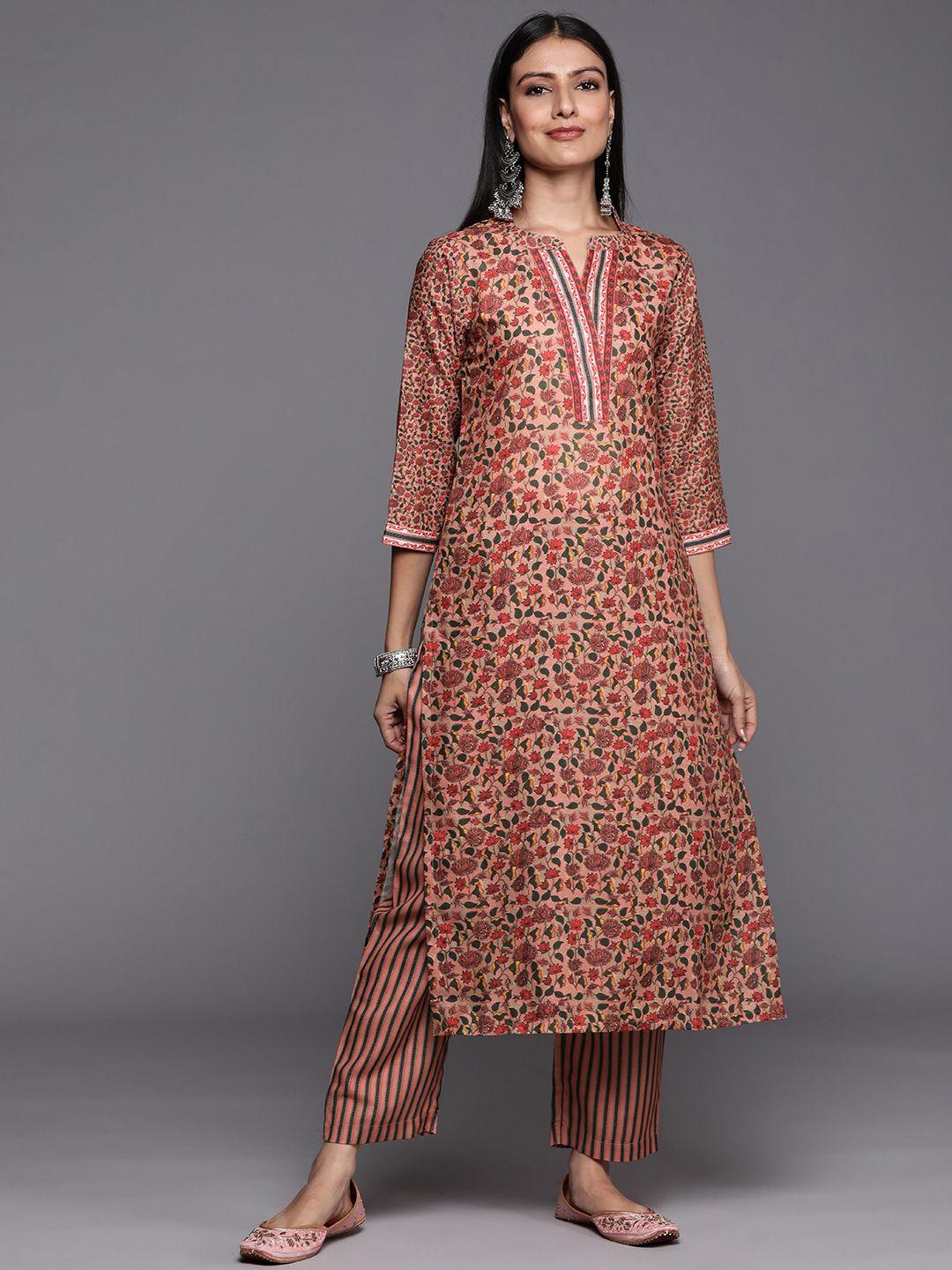 varanga women peach-coloured ethnic motifs printed kurta with trousers