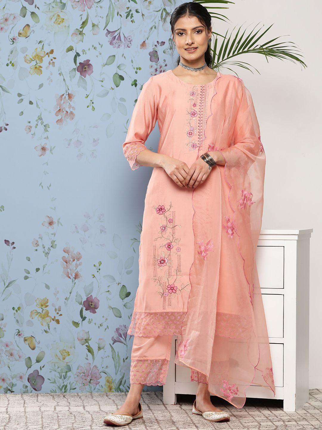 varanga women peach-coloured floral embroidered thread work kurta with trousers & with dupatta