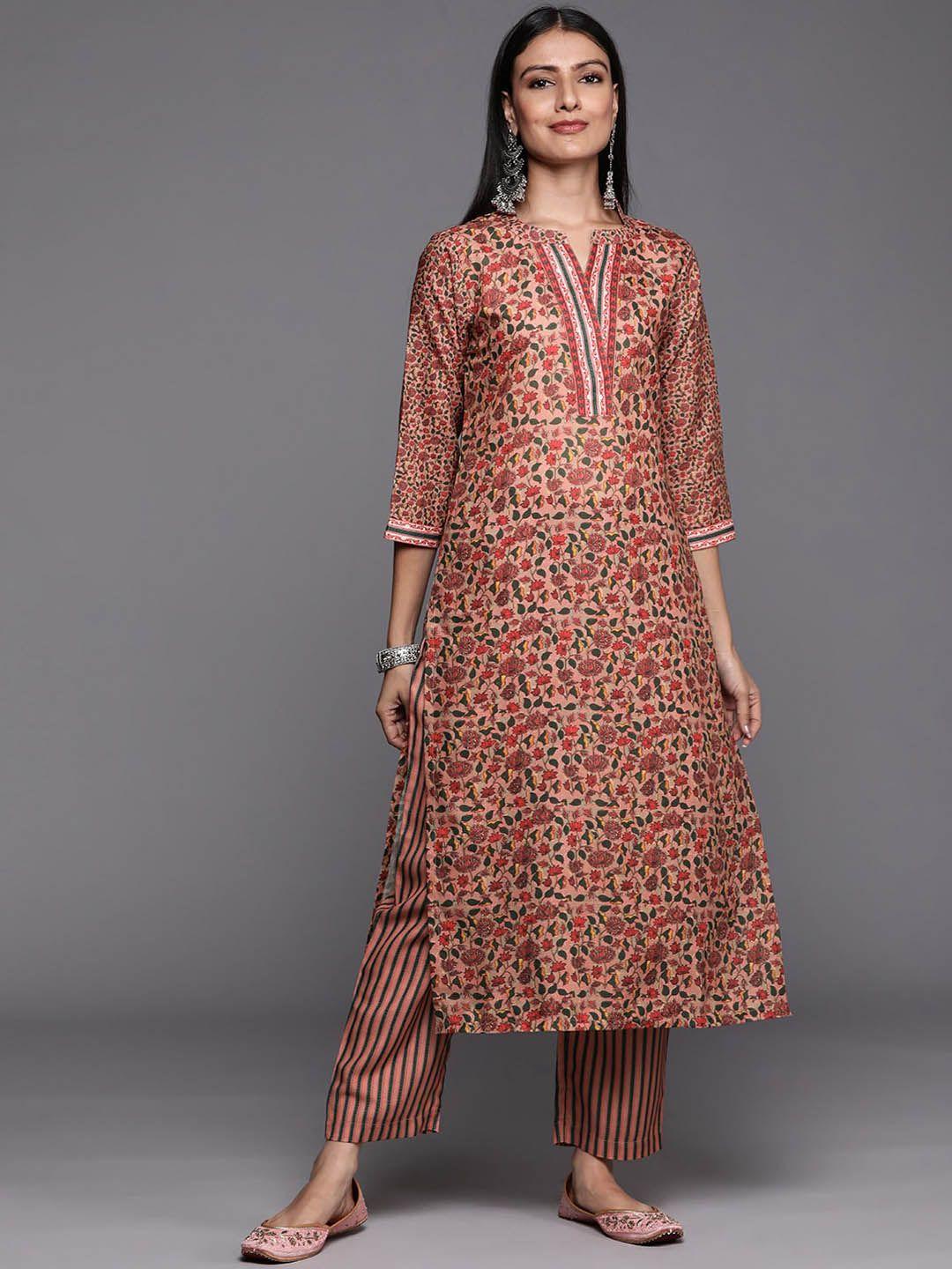 varanga women peach-coloured floral printed winter kurta with palazzos