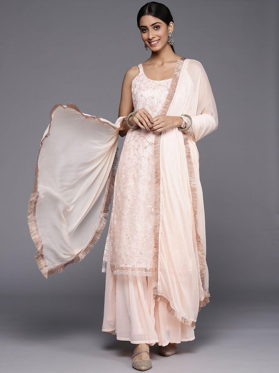 varanga women peach-coloured floral sequinned kurta with sharara & with dupatta