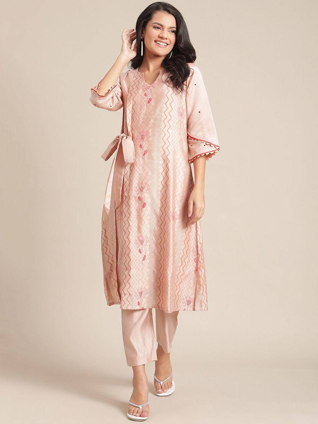 varanga women peach-coloured printed regular kurta with trousers