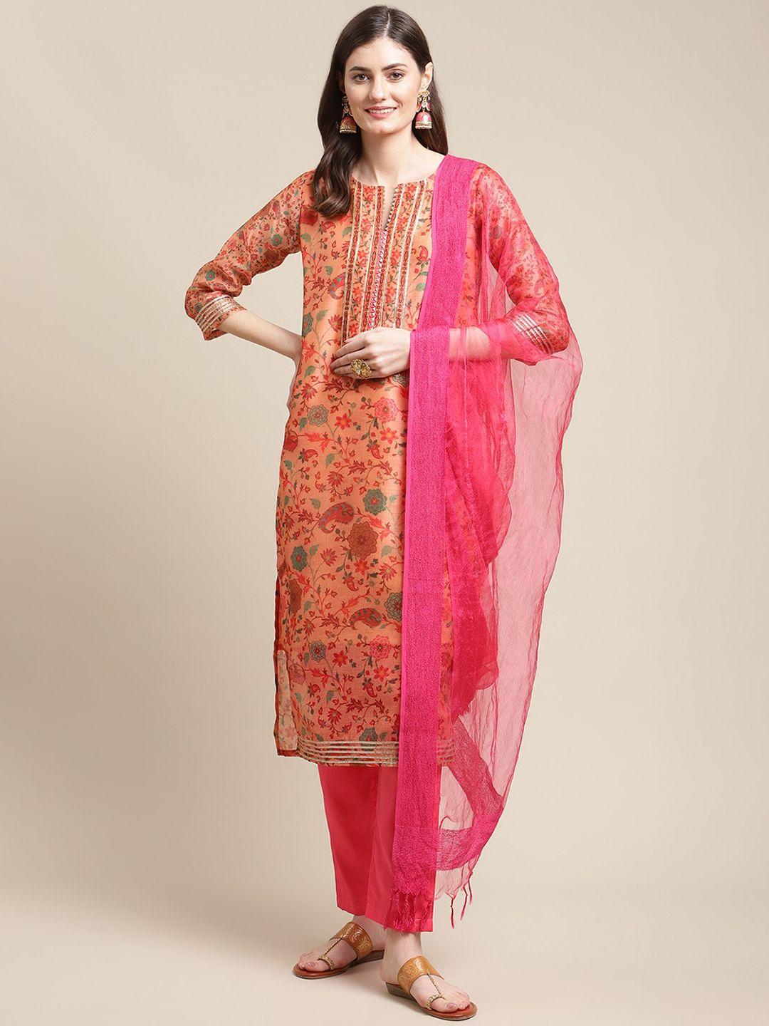 varanga women peach floral printed chanderi silk kurta with trousers & with dupatta