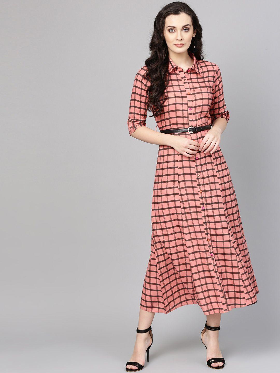 varanga women pink & black checked a-line dress