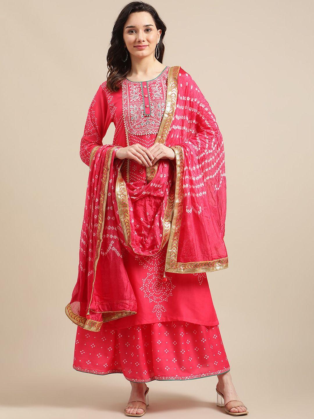 varanga women pink & gold-toned ethnic motifs zari kurta with sharara & bandhej dupatta