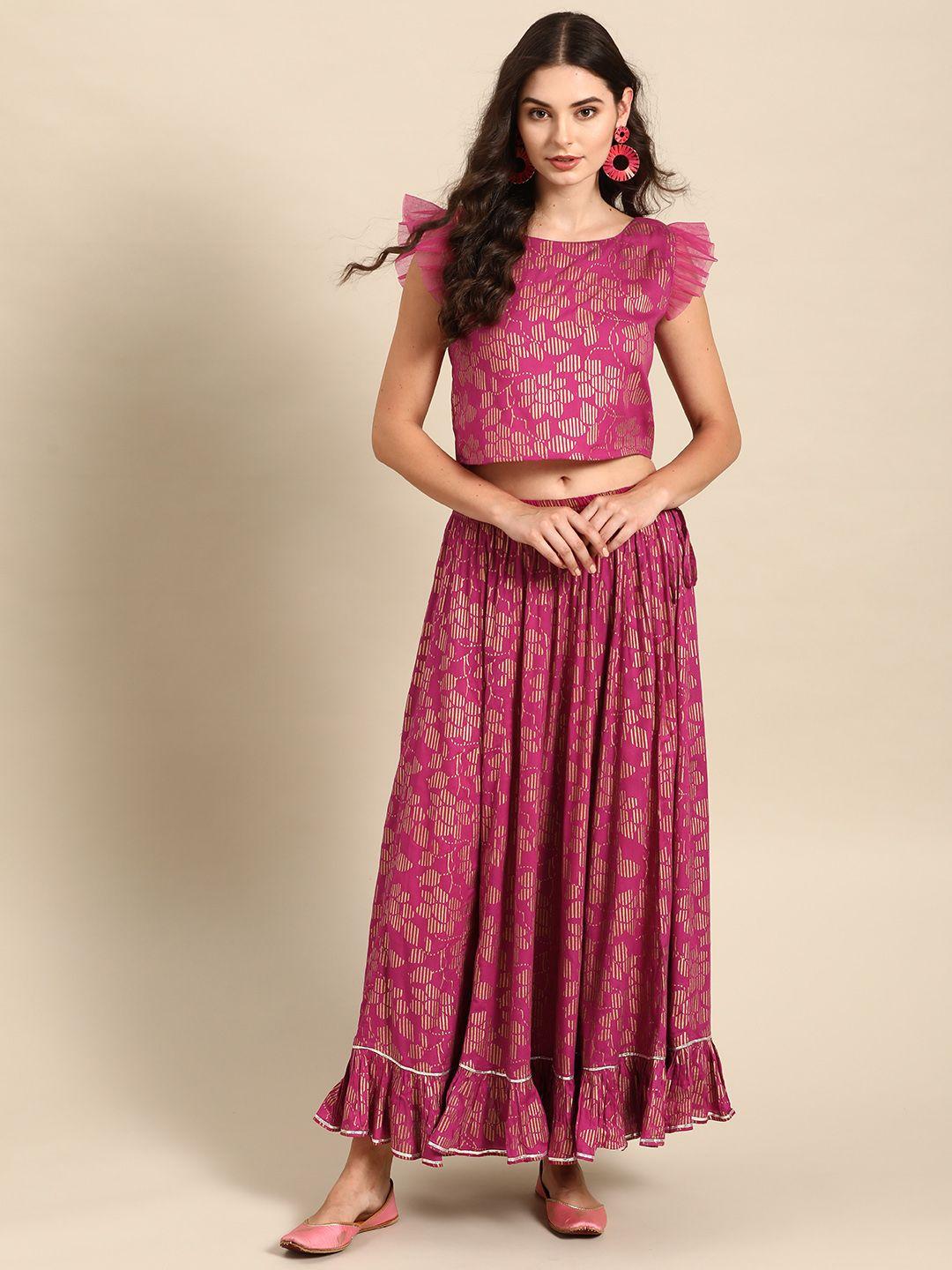 varanga women pink & gold-toned printed top with skirt