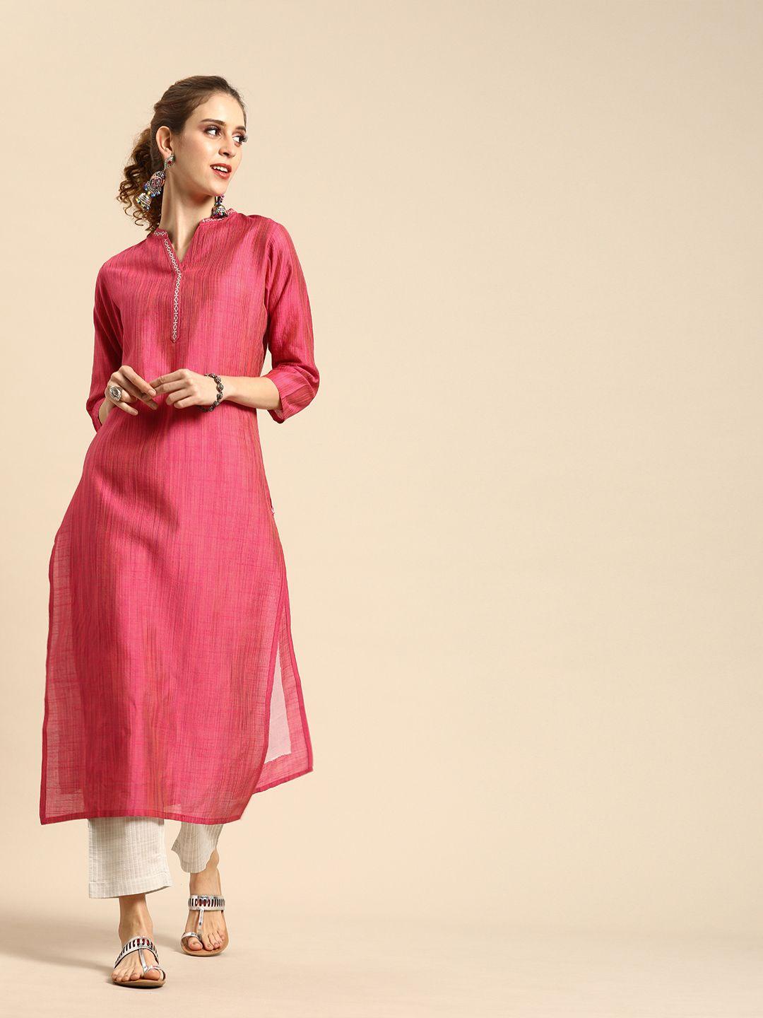 varanga women pink & grey solid kurta with trousers with embroidered detail