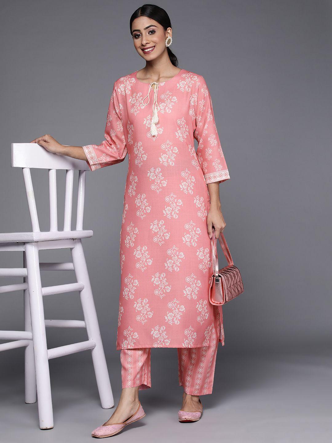 varanga women pink & off-white floral printed kurta with trousers