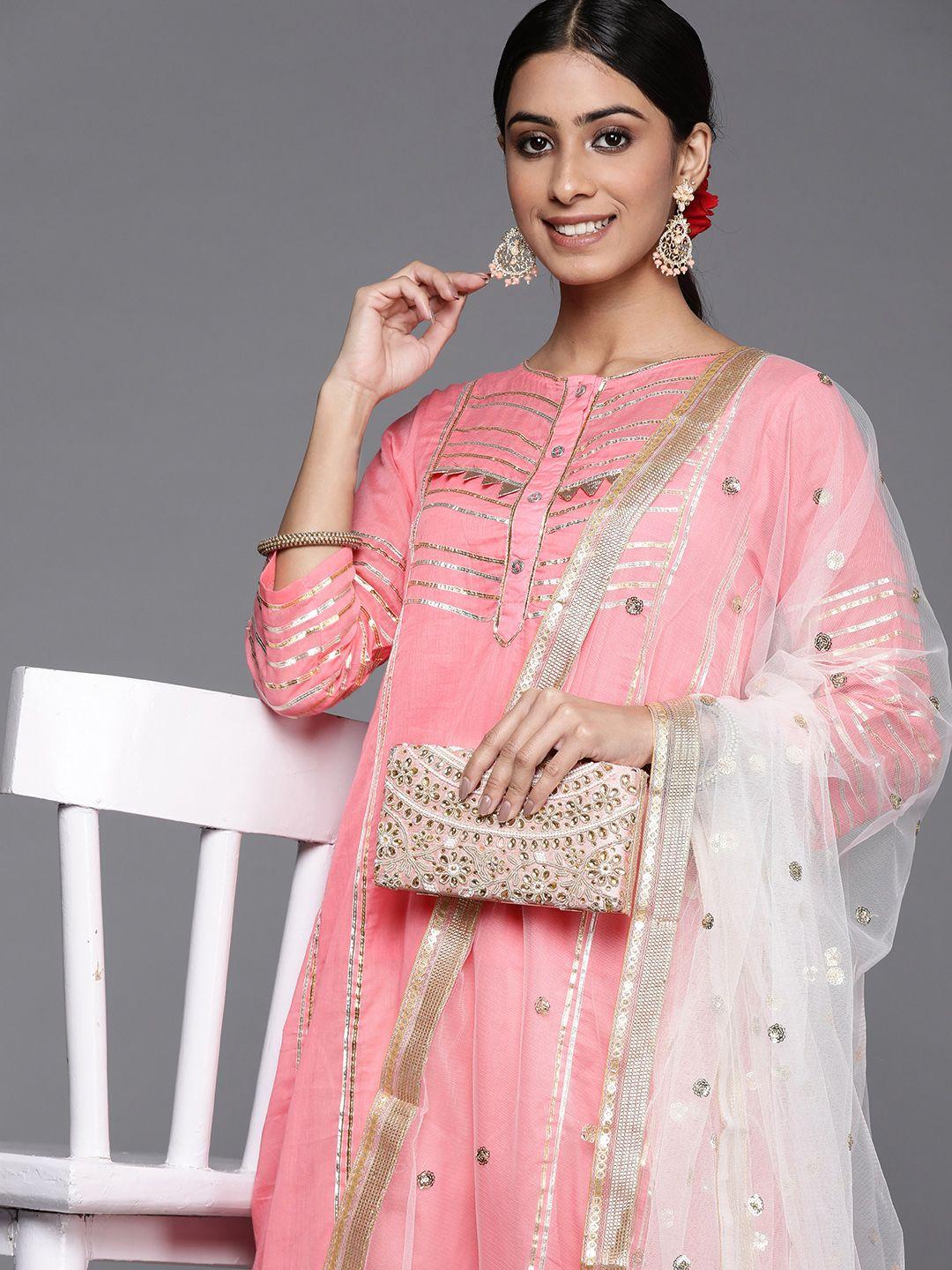 varanga women pink & off white striped gotta patti cotton kurta with palazzos & dupatta