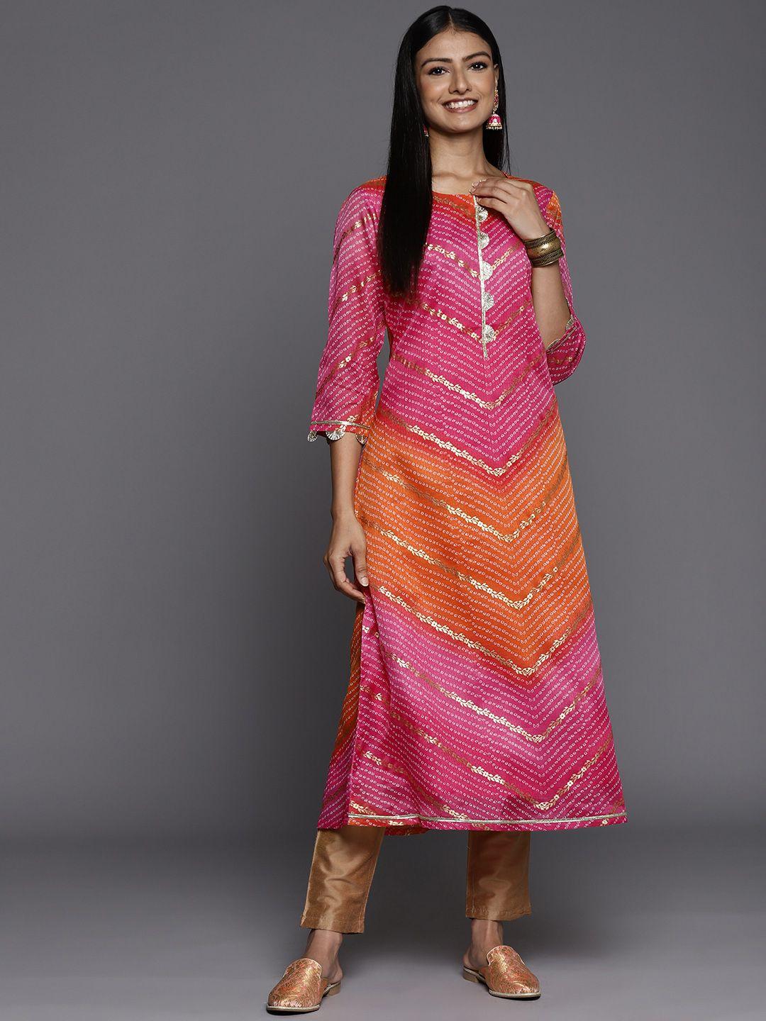 varanga women pink & orange bandhani printed chanderi silk kurta