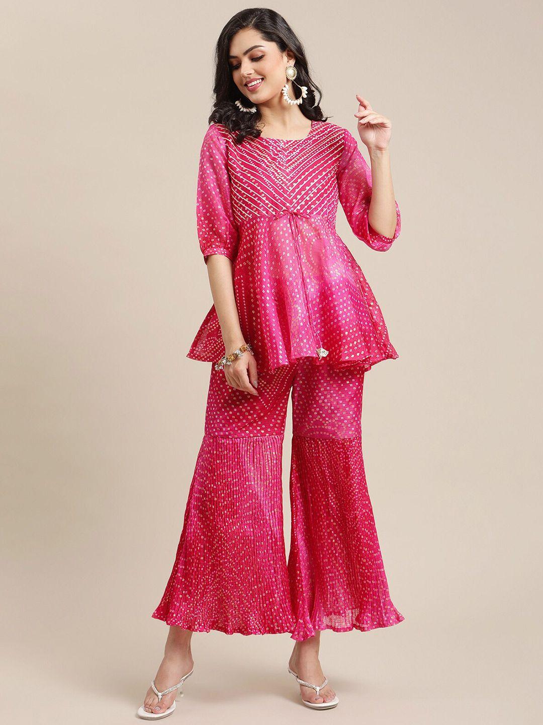 varanga women pink & white leheriya printed kurti with sharara