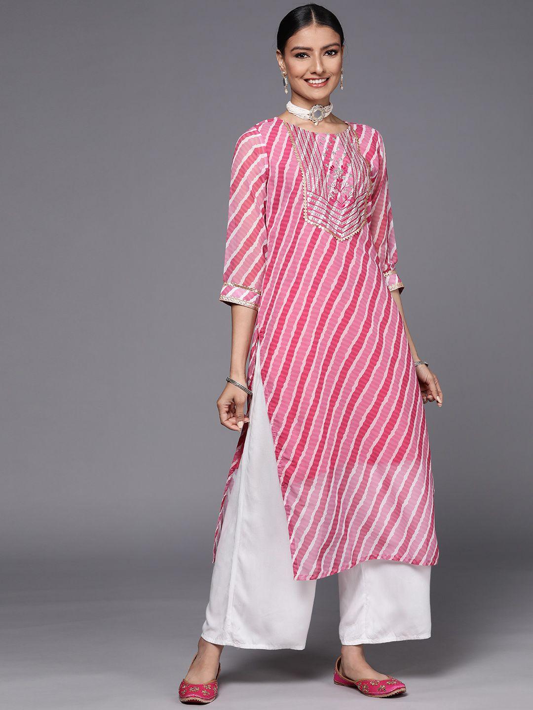 varanga women pink & white leheriya striped embroidered detail georgette kurta