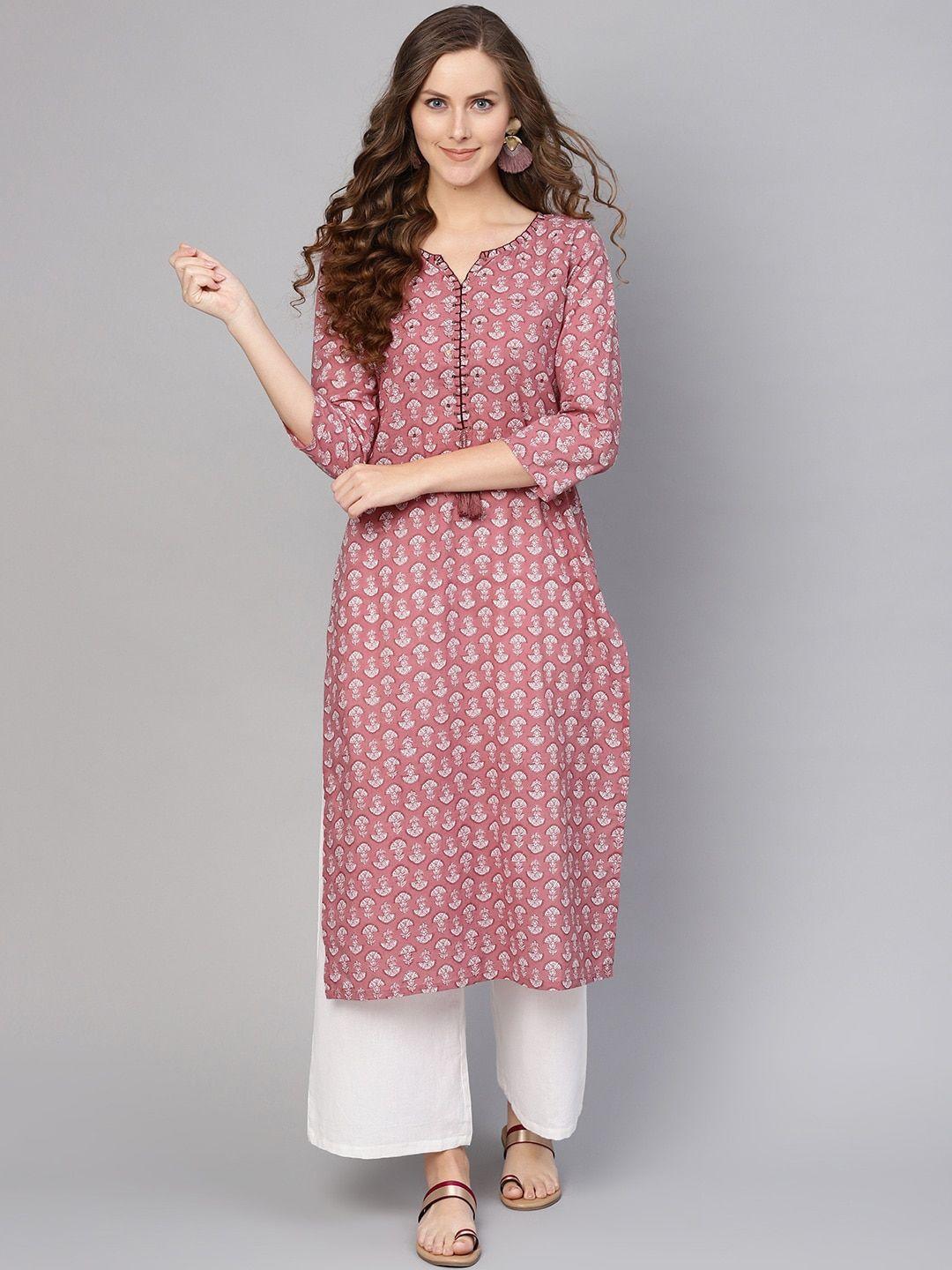 varanga women pink & white printed cotton straight kurta