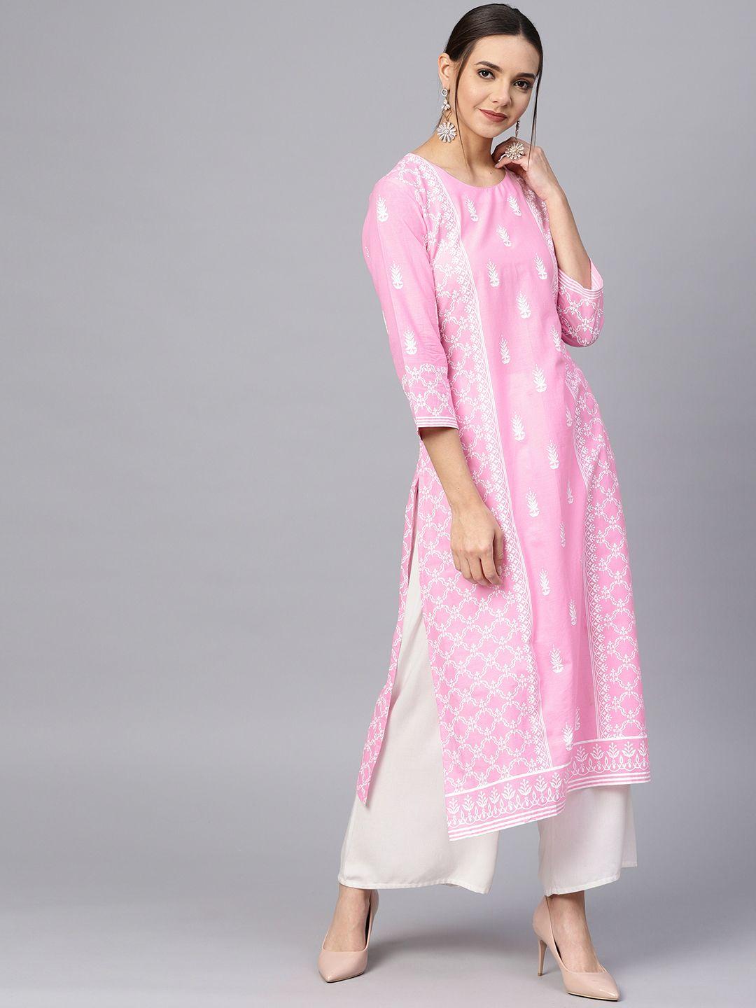varanga women pink & white printed straight kurta