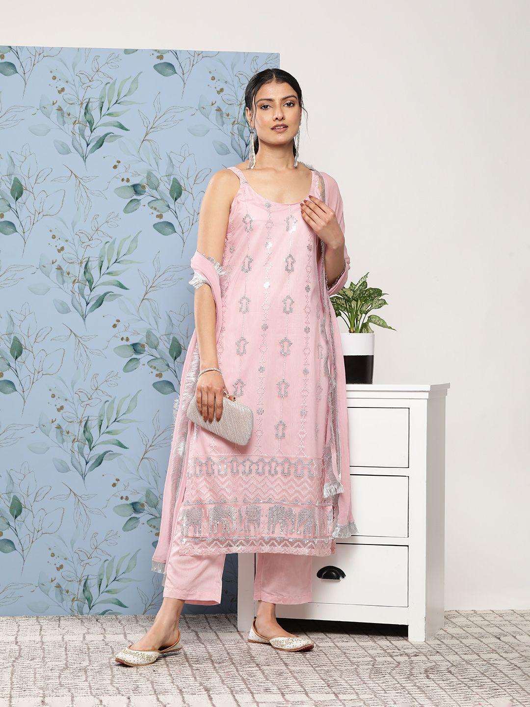 varanga women pink ethnic motifs embroidered sequinned kurta with trousers & with dupatta