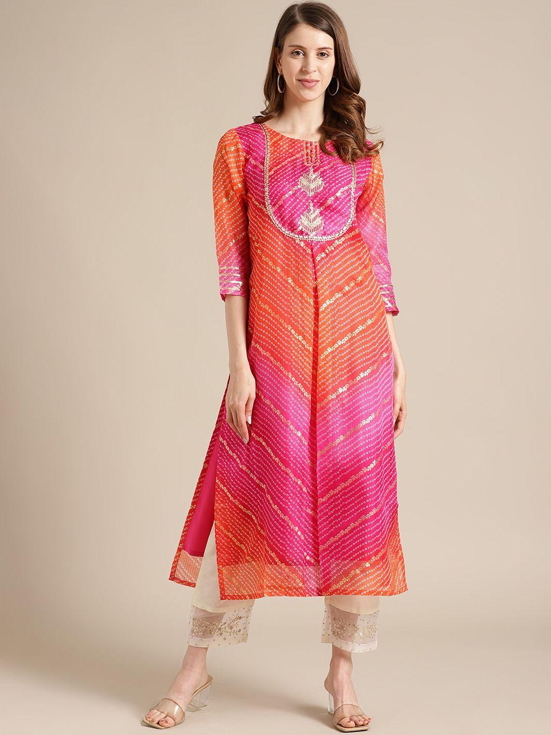 varanga women pink ethnic motifs printed layered pure cotton kurti with trousers