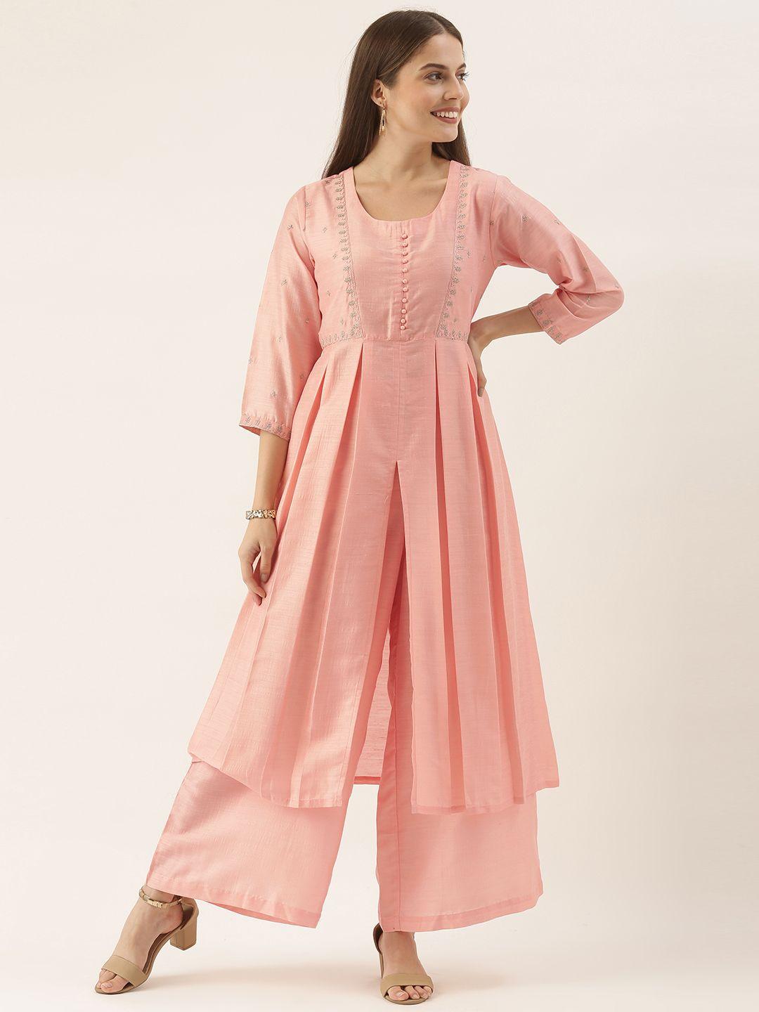 varanga women pink ethnic motifs yoke design pleated kurta with palazzos