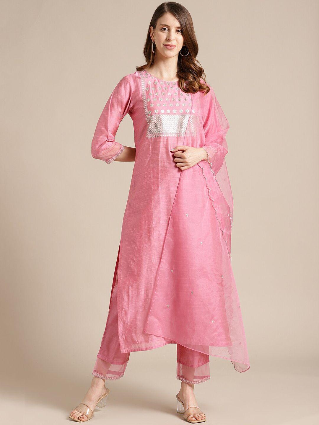 varanga women pink floral embroidered thread work kurta with trousers & with dupatta