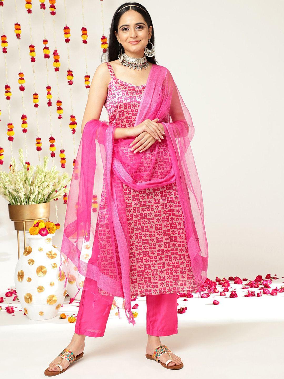 varanga women pink floral printed regular kurta with trousers & with dupatta