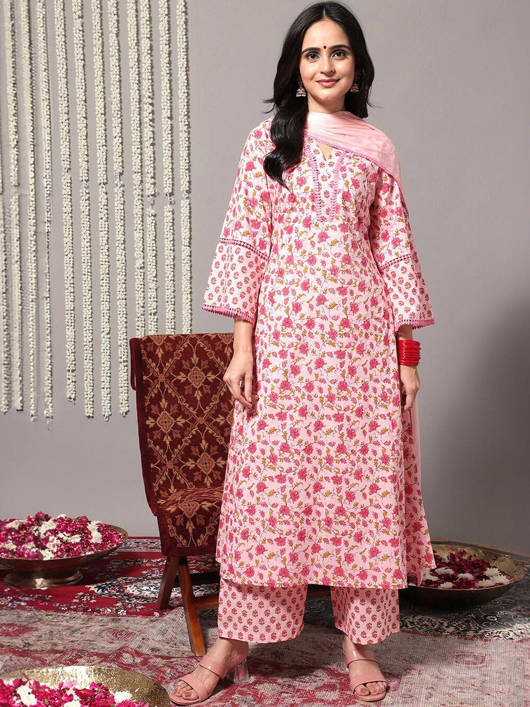 varanga women pink floral printed regular pure cotton kurta with trousers & with dupatta