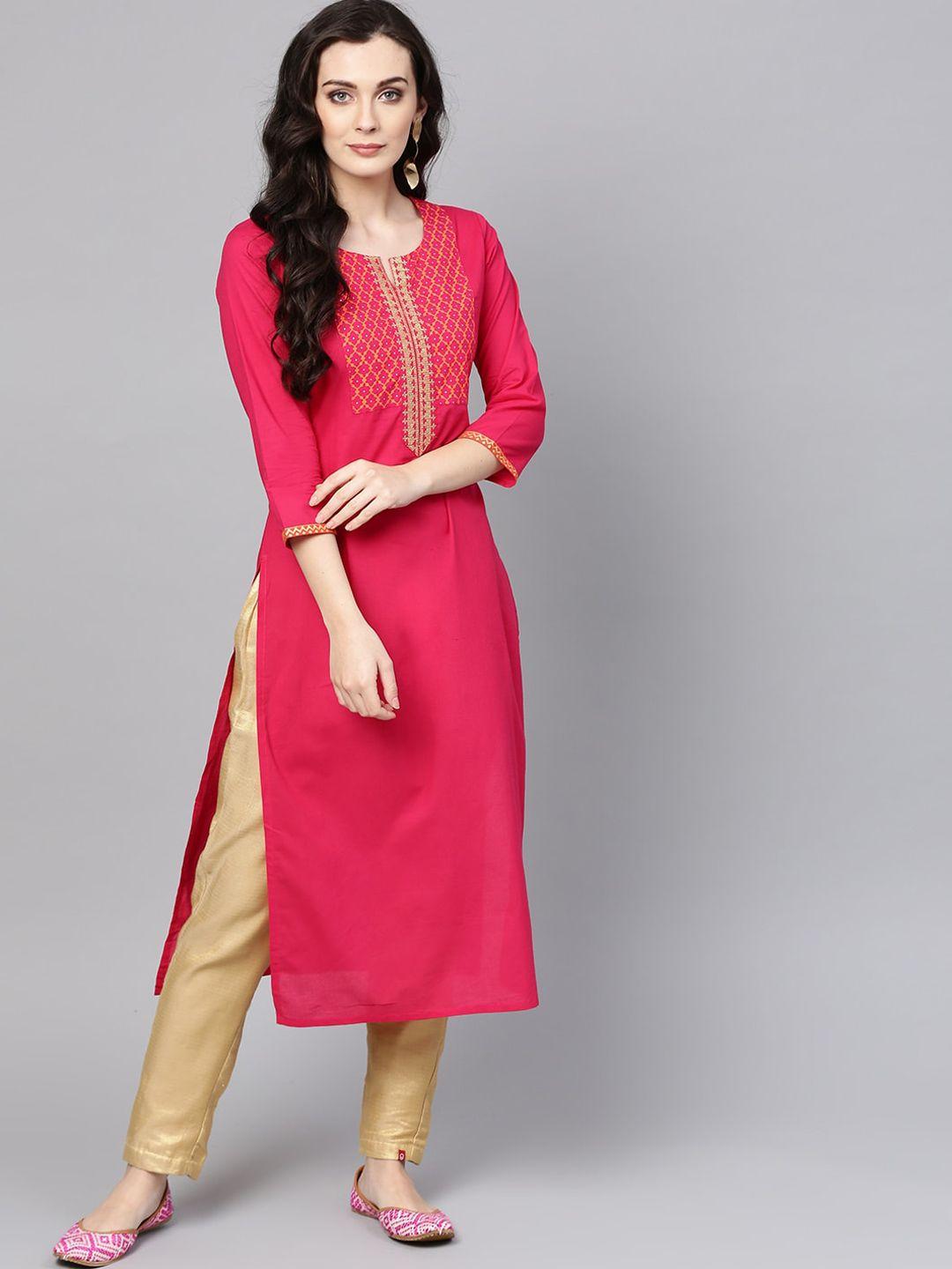 varanga women pink geometric yoke design cotton straight kurta