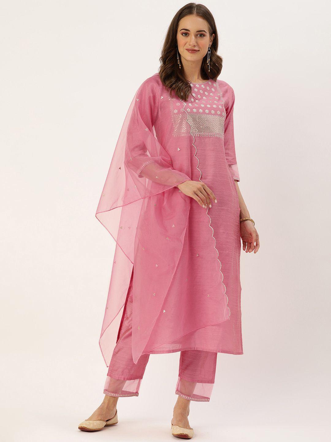 varanga women pink sequinned yoke design kurta with trousers & dupatta