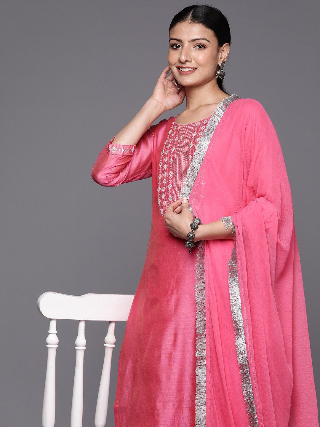 varanga women pink yoke design kurta with trousers & with dupatta