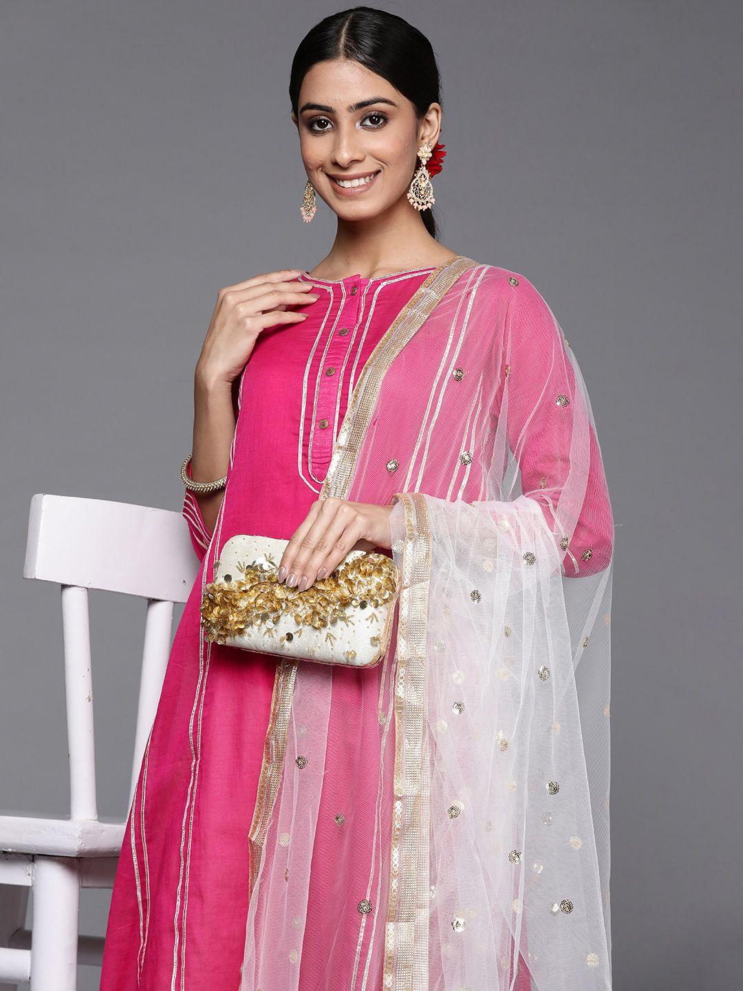 varanga women pink yoke design pleated gotta patti cotton kurta with palazzos & dupatta