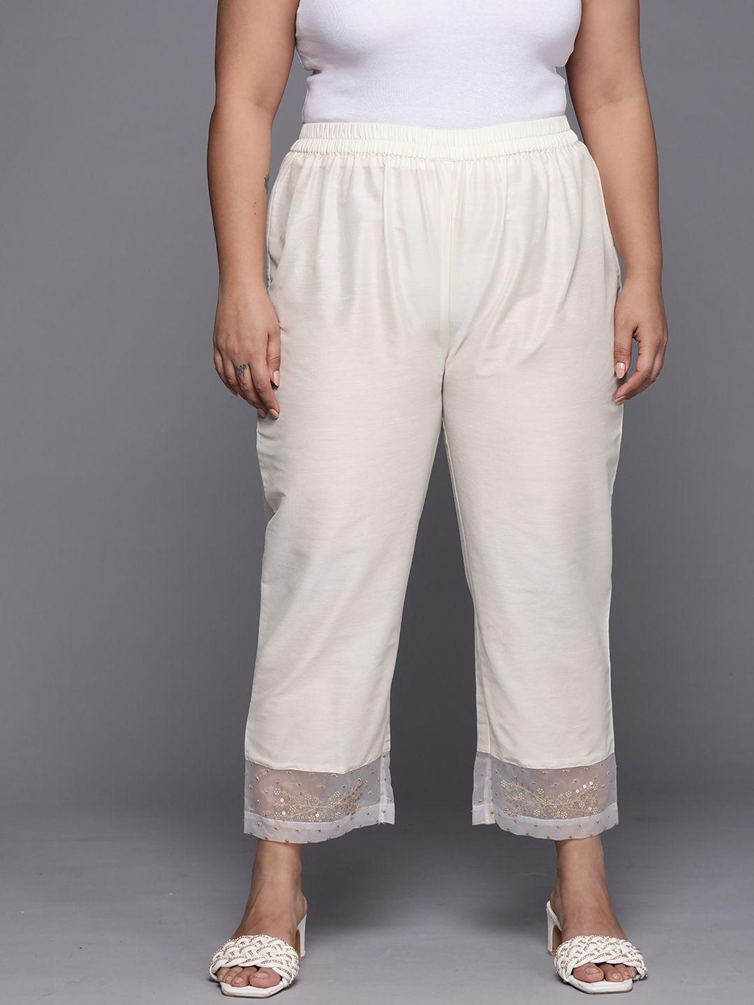 varanga women plus size off white floral embroidered cropped trousers