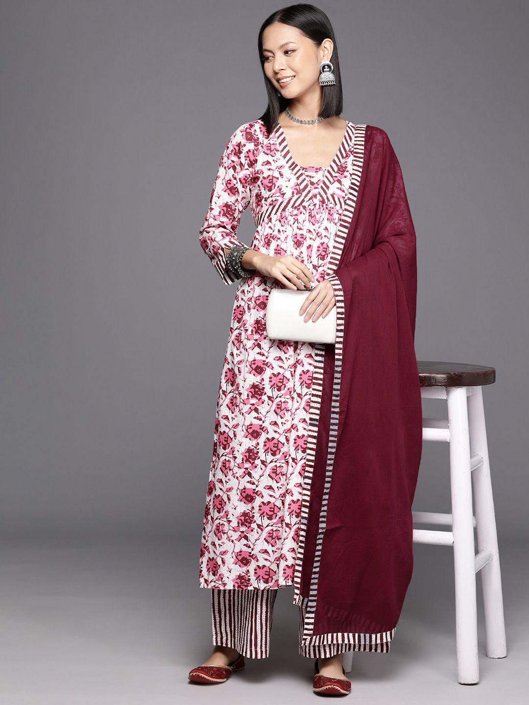 varanga women printed pleated pure cotton kurta with palazzos & dupatta