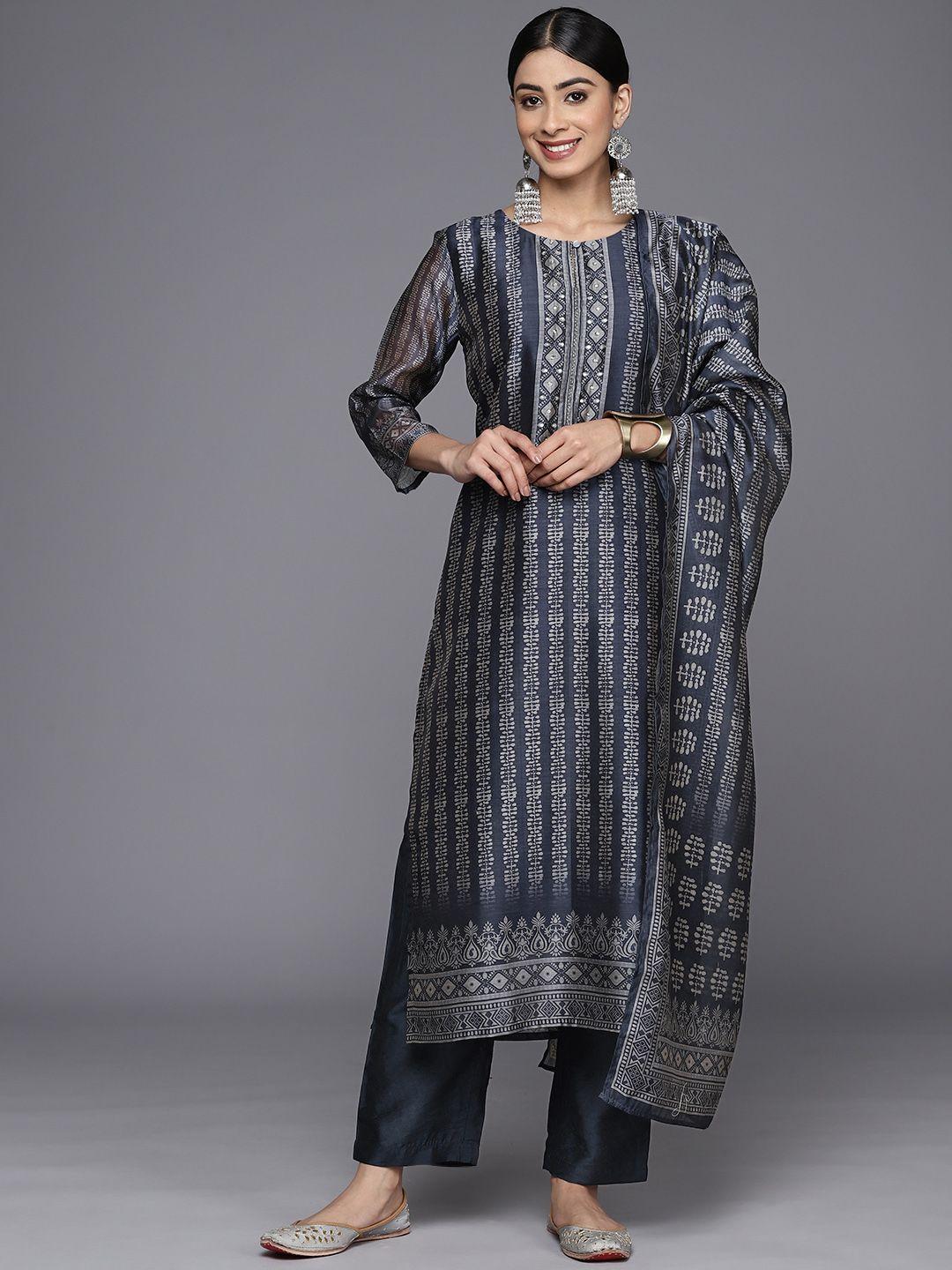 varanga women printed regular sequinned chanderi silk kurta with trousers & with dupatta