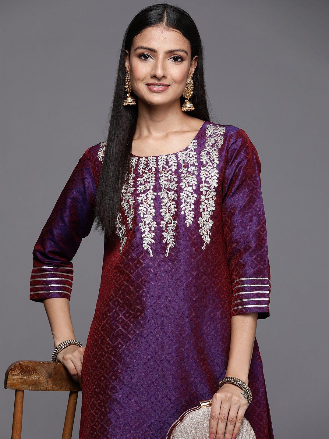 varanga women purple & gold-toned ethnic motif embroidered jacquard kurta