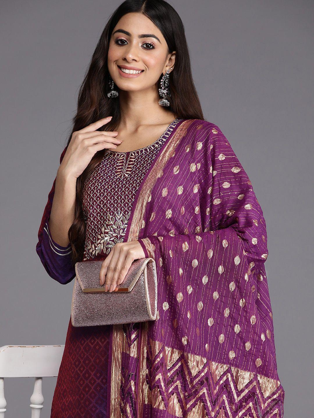 varanga women purple & gold-toned ethnic motifs embroidered gotta patti kurta with trousers & dupatta