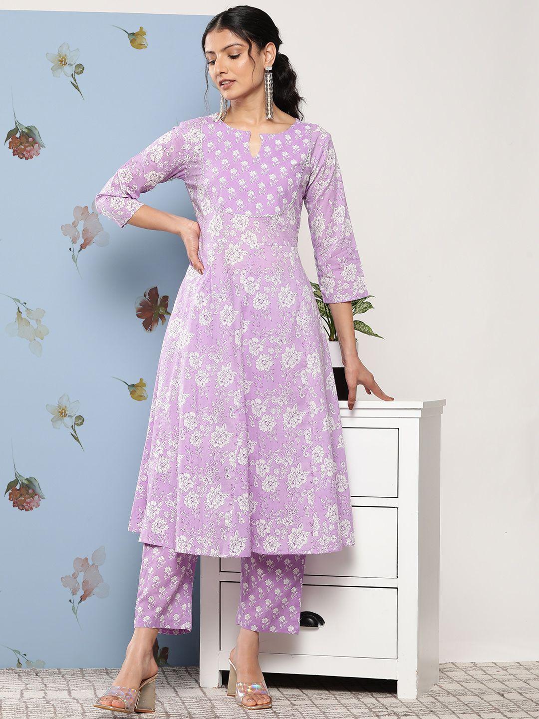 varanga women purple floral printed empire gotta patti pure cotton kurta with trousers