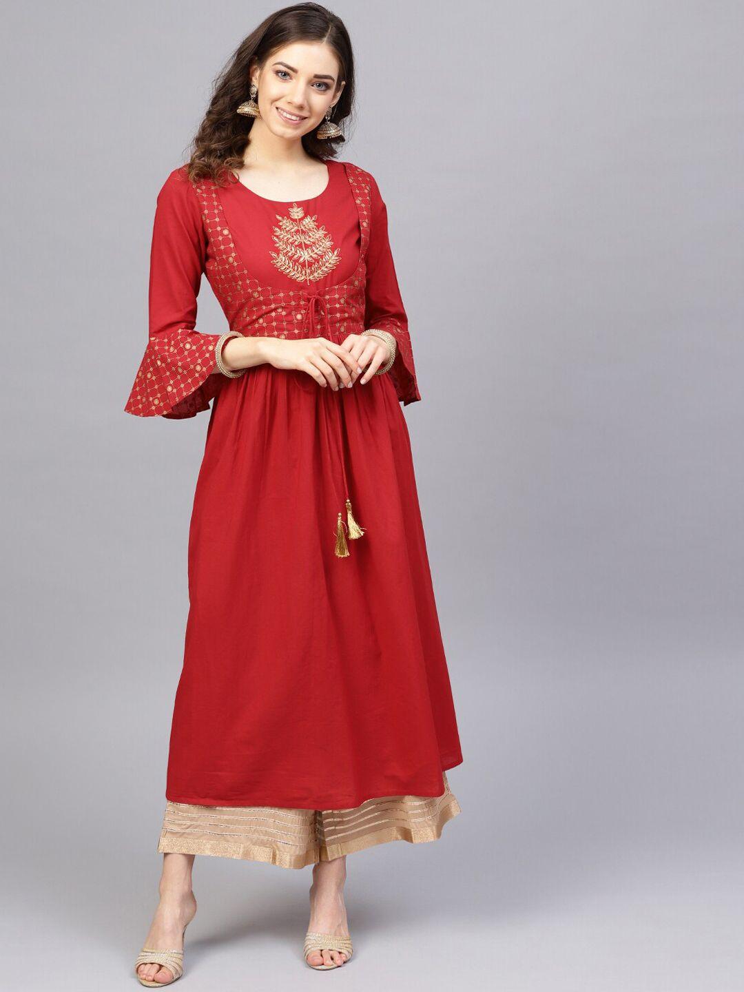 varanga women red & beige ethnic motifs length a-line pure cotton kurta with palazzos