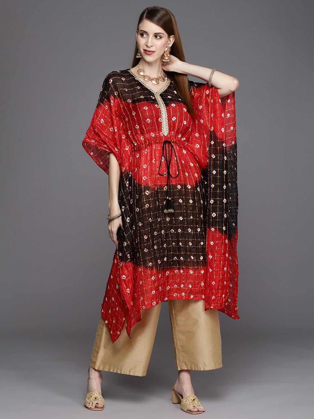varanga women red & black bandhani printed flared sleeves asymmetric jacquard kaftan kurta