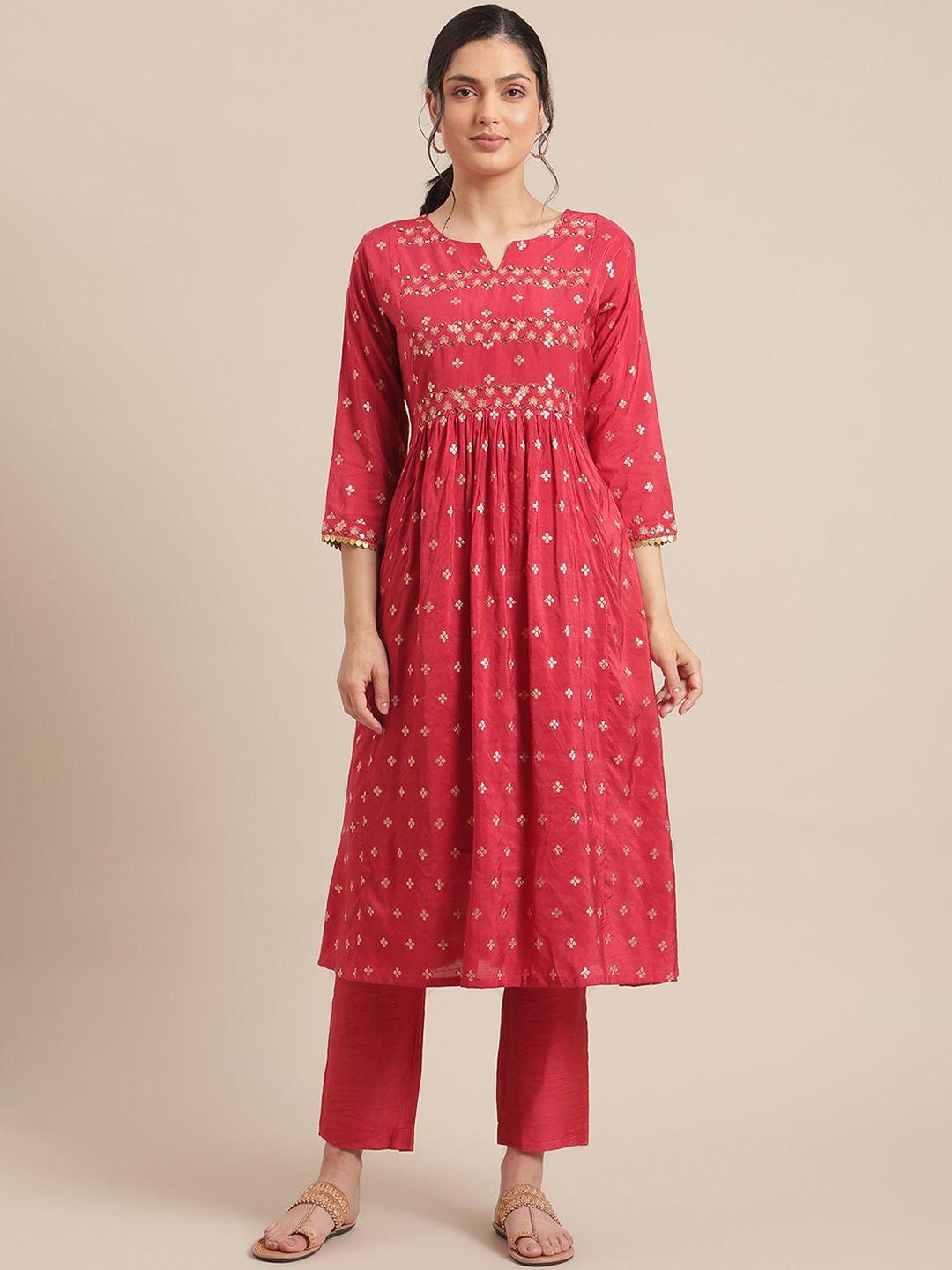 varanga women red & gold-toned floral embroidered mirror work pleated kurta with trousers