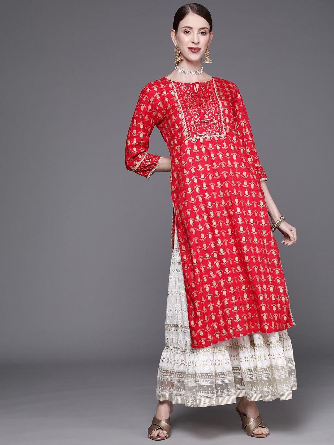 varanga women red & golden ethnic motifs printed gotta patti kurta