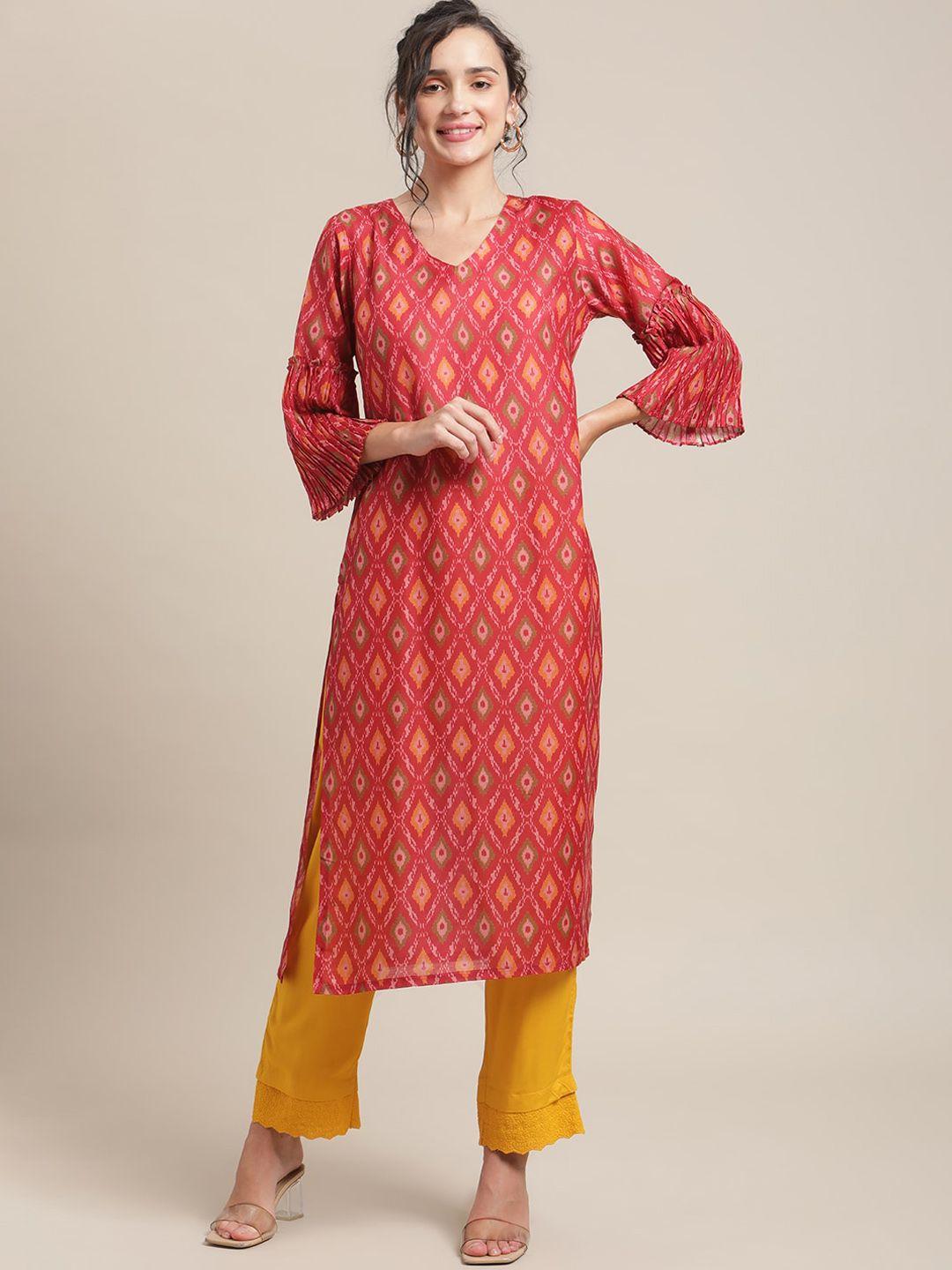 varanga women red & yellow ikat printed bell sleeves kurta