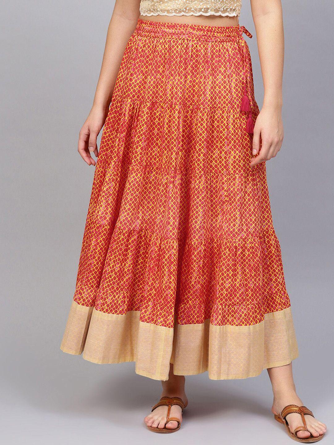 varanga women red & yellow printed tiered maxi skirt