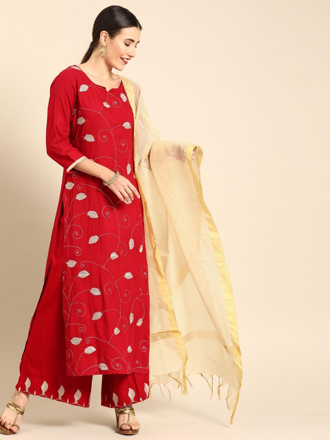 varanga women red embroidered kurta with palazzos & dupatta