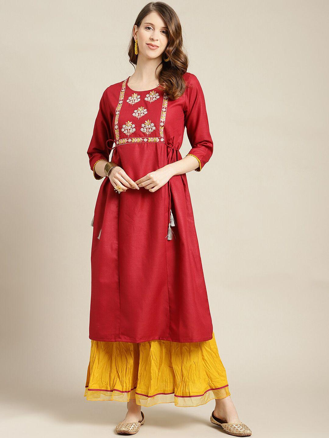 varanga women red embroidered pure cotton kurta set