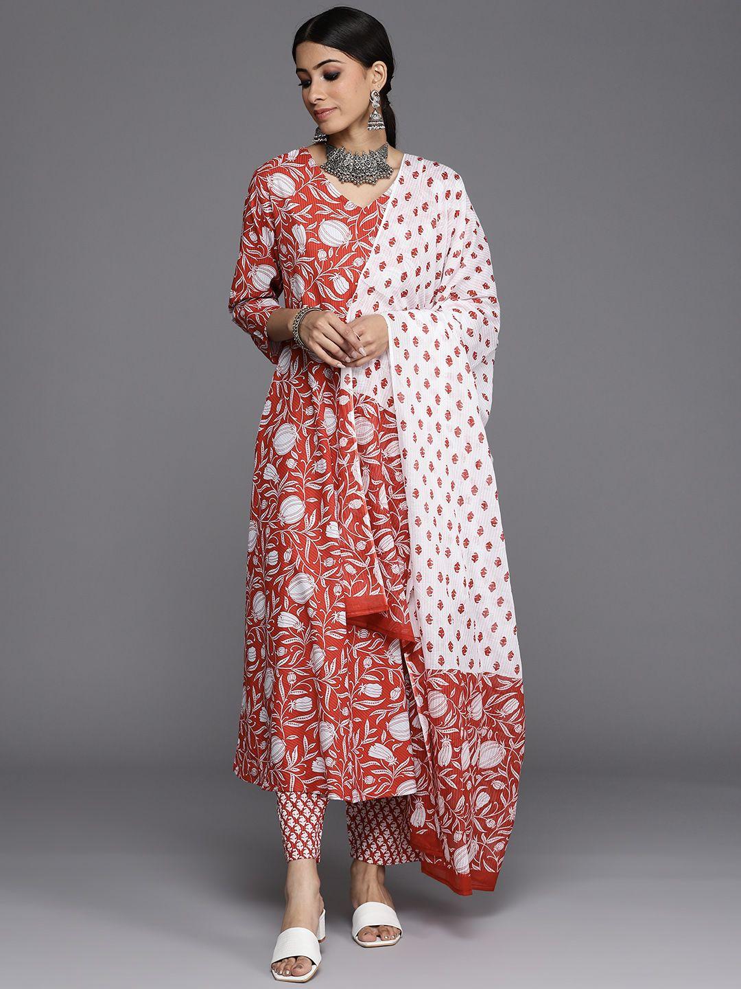 varanga women red ethnic motifs printed pure cotton kurta with trousers & dupatta