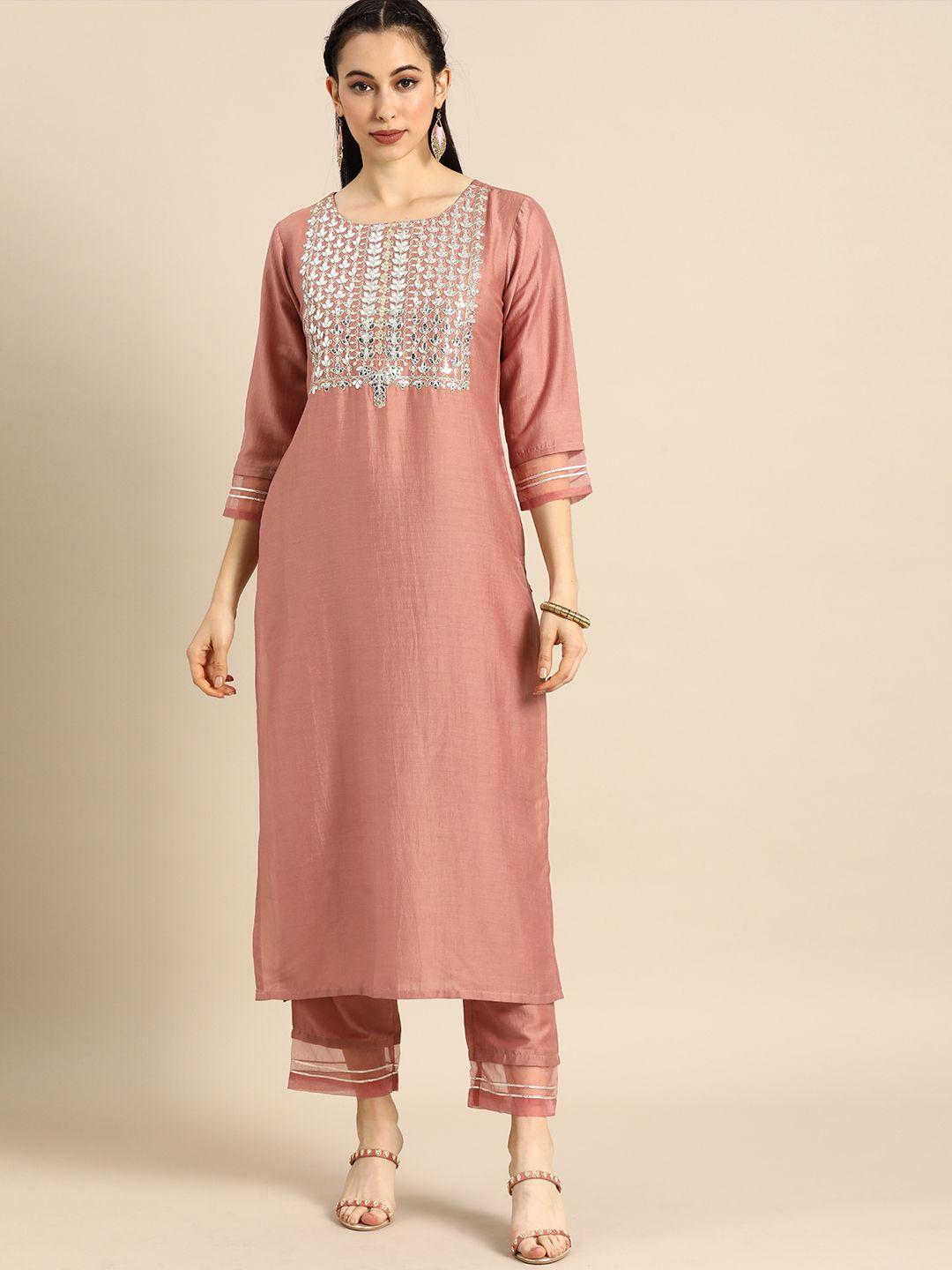 varanga women rose & silver-toned embroidered kurta set