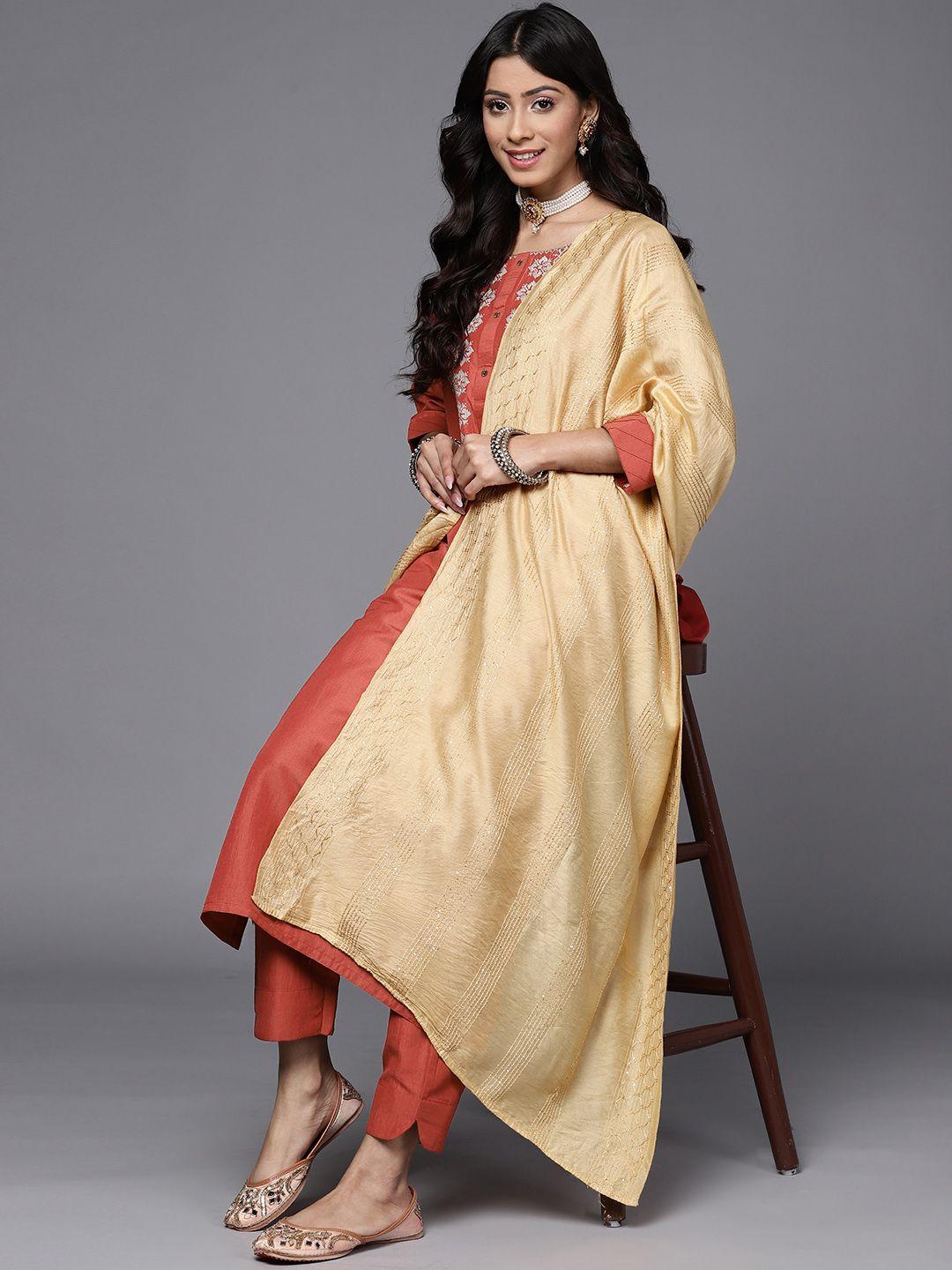 varanga women rust floral embroidered kurta with trousers & with dupatta