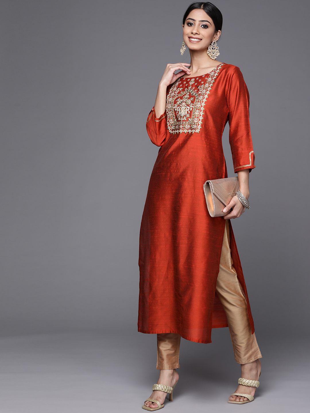 varanga women rust red & golden yoke embroidered kurta