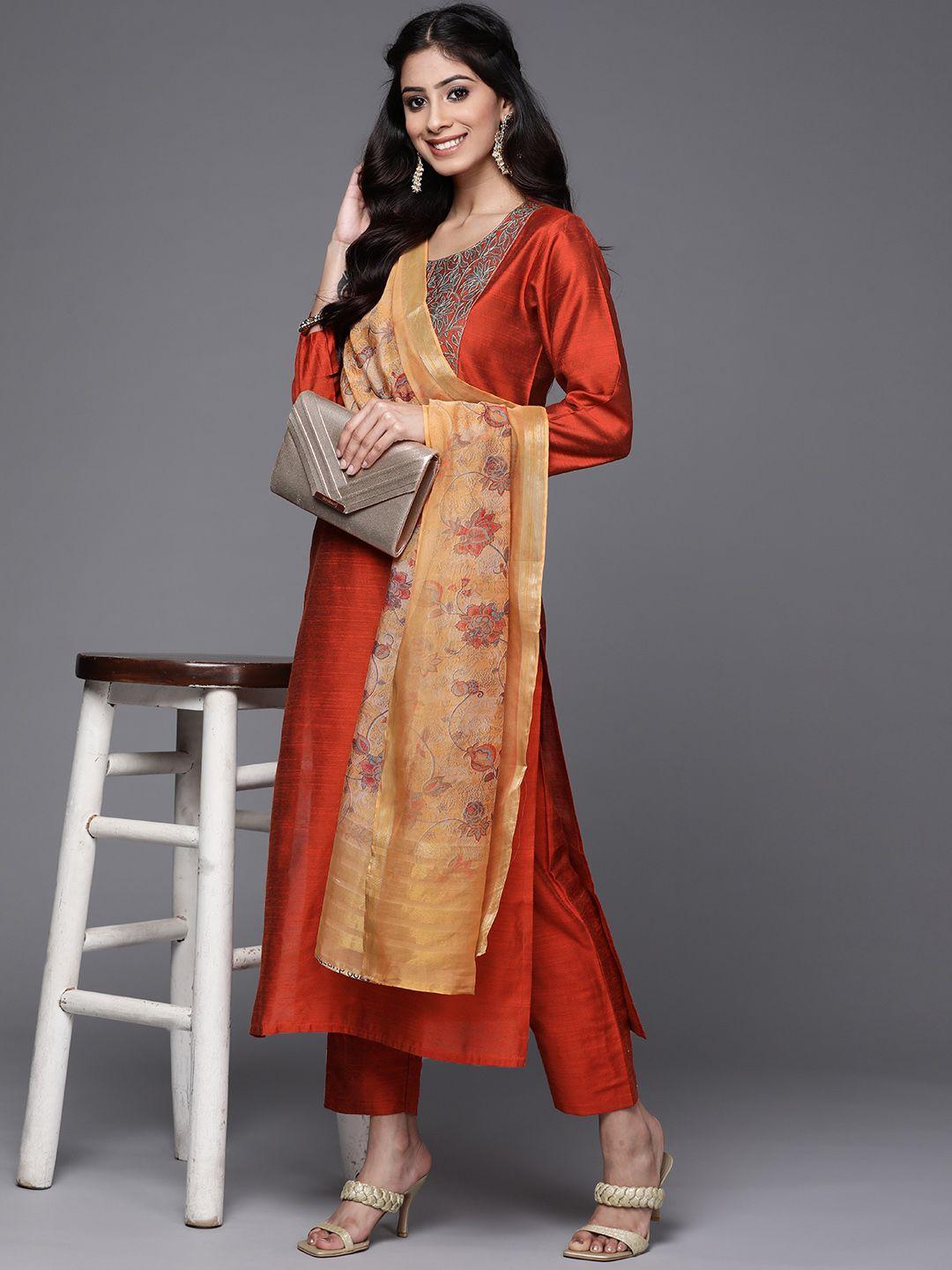 varanga women rust red yoke design thread work kurta with trousers & dupatta